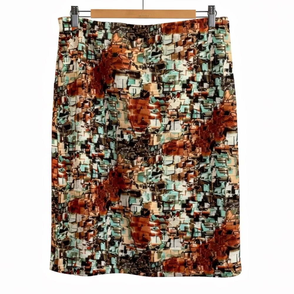 Betsey Johnson Abstract Mosaic Pencil Skirt in Rust, Mint & Cream